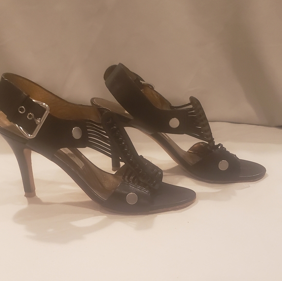 Cynthia Vincent strappy stiletto pump open toe size 7 black leather - Picture 7 of 8